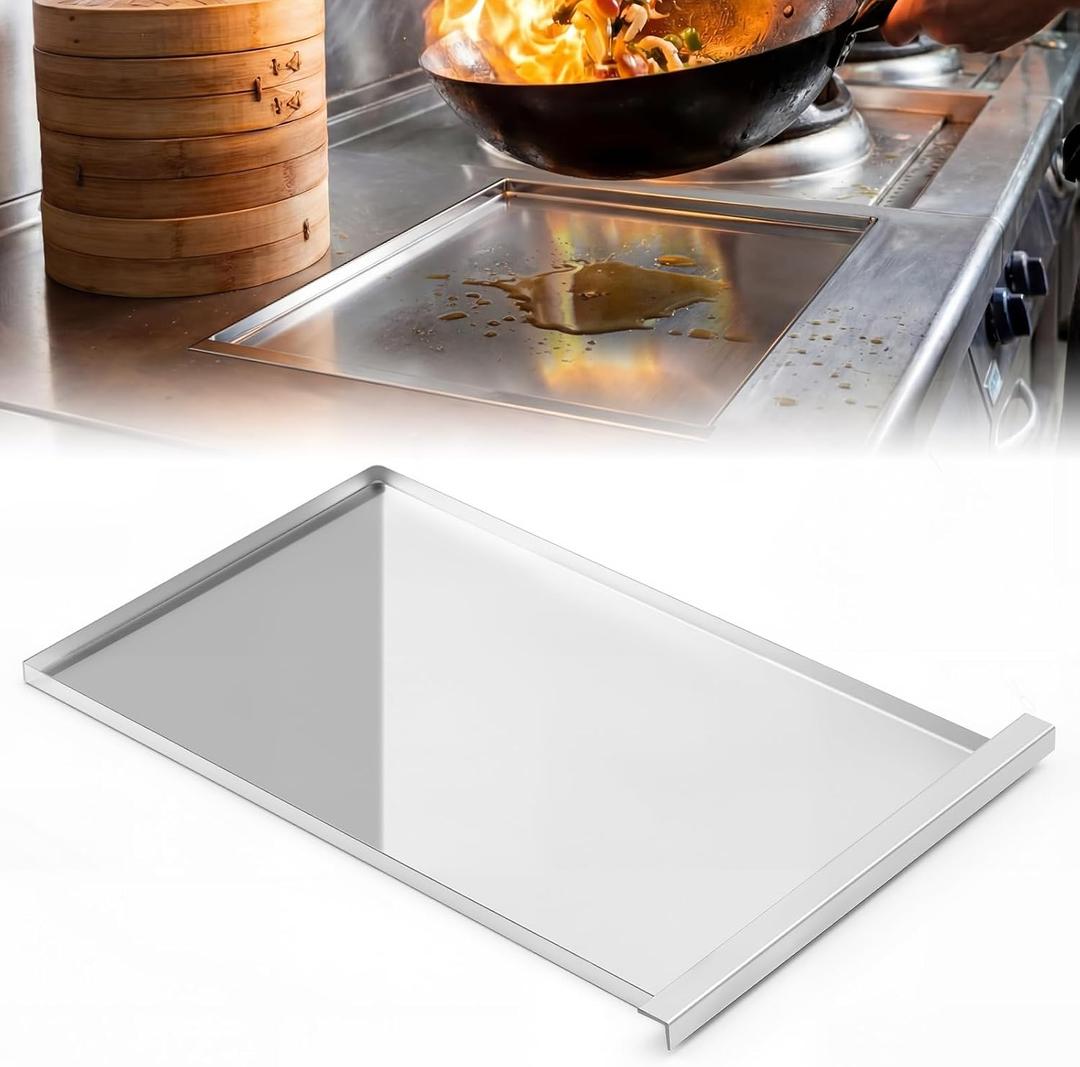 Gisafai Wok Drip Pan for Chinese Range, Wok Burner Tray Replacement 14" x 23" 304 Stainless Steel Commercial Grease Oil Drip Tray Kitchen Supply for Woks Stove, Heavy Duty Grease Catch Pan