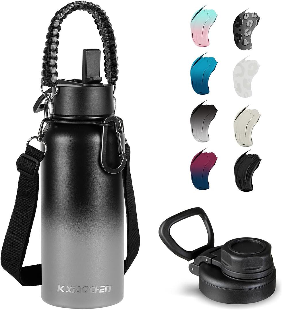 KXIAOCHEN Insulated Water Bottle, Stainless Steel Water Bottle, 2 Lids (Straw and Handle Lid),Wide Mouth Metal Water Bottles Keep Hot and Cold, Double Walled, Thermo Mug, Metal Canteen