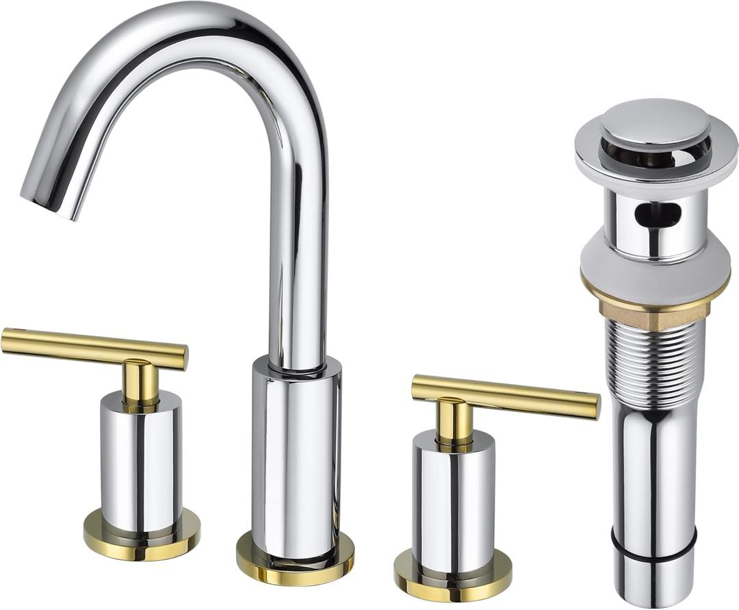 Bathroom Faucet Chrome and Gold 2-Handle 8-Inch Widespread Bathroom Sink Faucet with Metal Drain, 3-Hole Faucet for Bathroom Vanity, Polished Chrome/Polished Brass