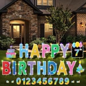 Yerliker 16 Pcs Happy Birthday Yard Signs with Stakes, 32.8 ft LED Lights, 42 Pcs Number Stickers, 13.4 Inch Letters Signs for Birthday Party Supplies Yard Lawn Outdoor Decoration(Colorful)