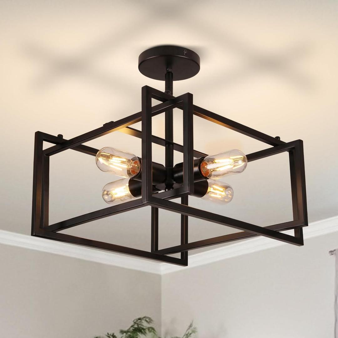 HuisMier 4 Lights Black Industrial Ceiling Light Fixtures, Farmhouse Semi Flush Mount Ceiling Light Fixture Black Industrial Chandelier for Kitchen Island Dining Room Bedroom Foyer Hallway