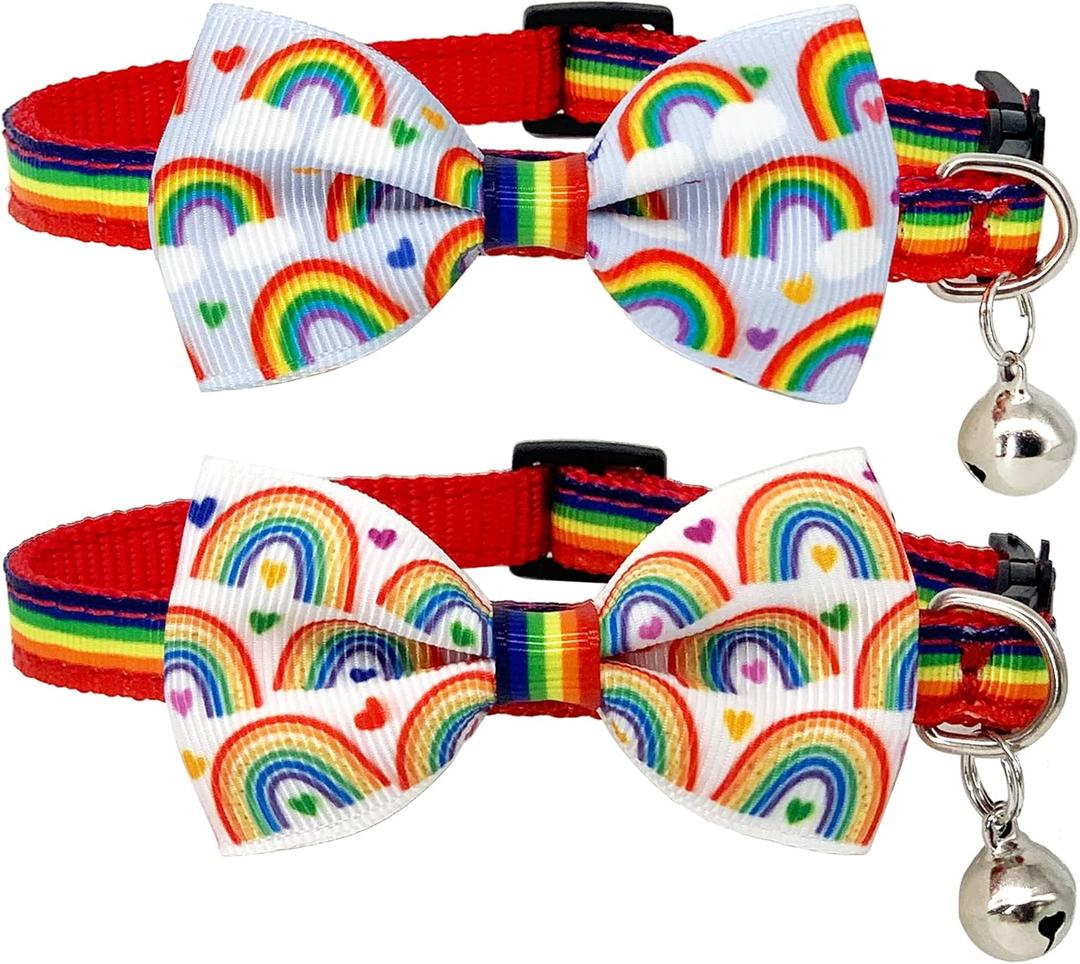 Casidoxi 2 Pcs Rainbow Cat Collar Breakaway with Bell, Pride Cat Bow Tie Collars for LGBT Pride Month Cats Puppy Pride Apparel