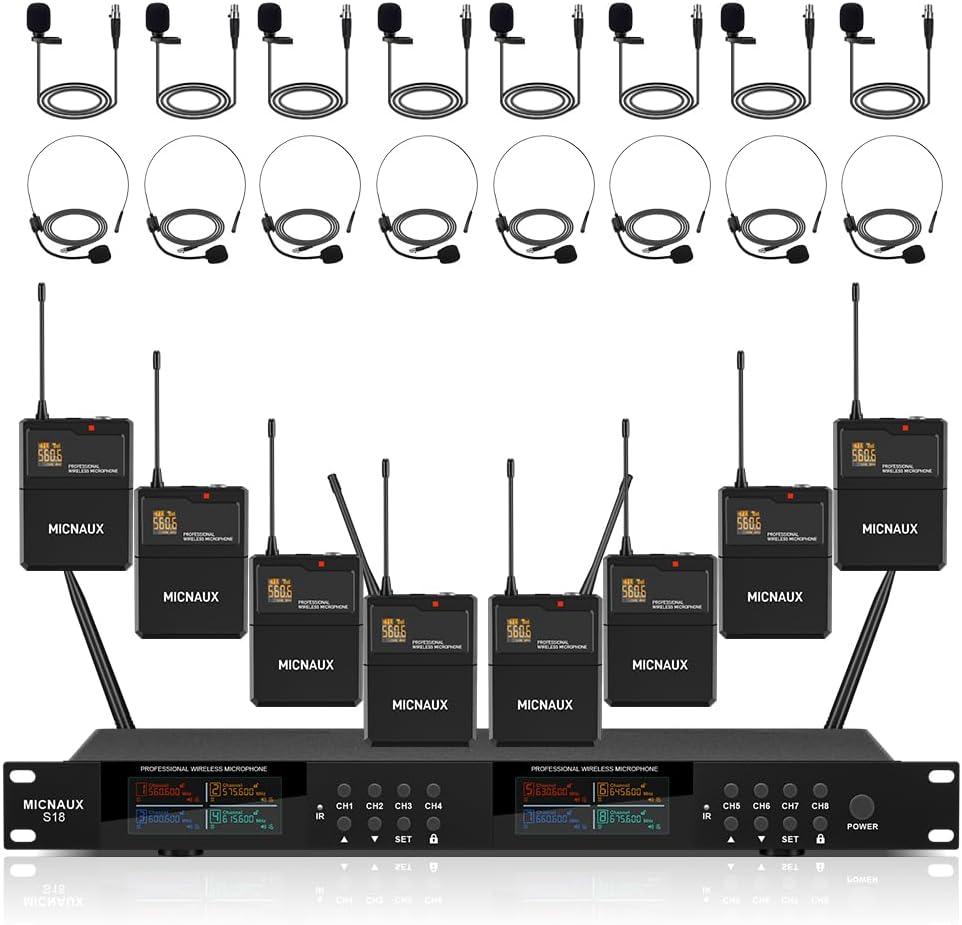 Lapel Wireless Microphone System with Headset & Lavalier Mics, Pro 8 Channel UHF Mics Set with Bodypack Transmitter & Metal Receiver, 200 Adjustable Frequency, 300ft Range for Church, Party