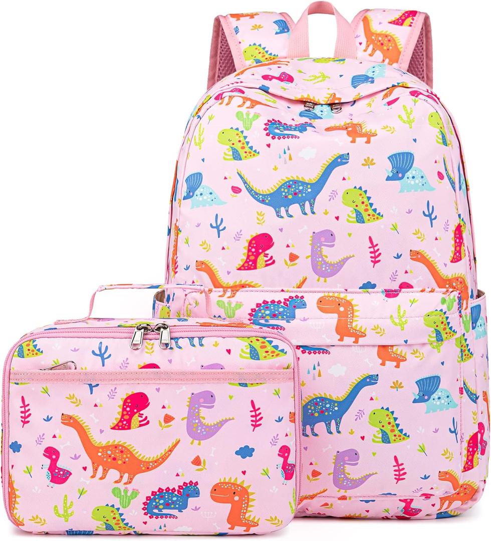 CAMTOP Kids Backpack with Lunch Box for Girls Boys Lightweight Waterproof Preschool Kindergarten Elementary School BookBag (Pink Dinosaur)