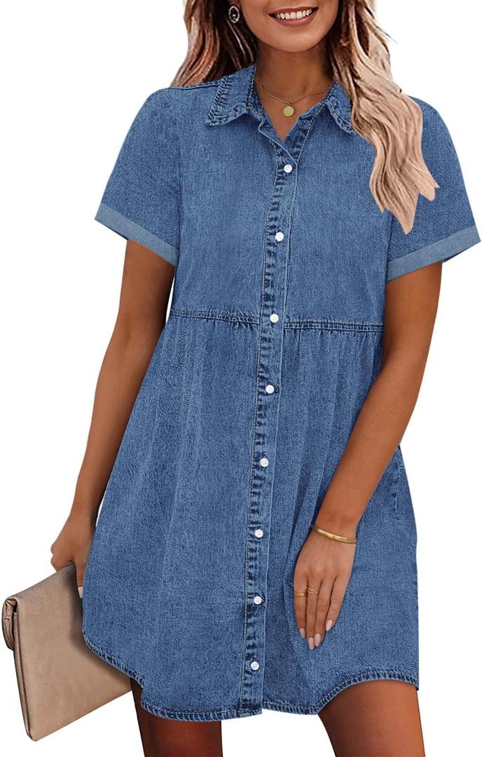 GRAPENT Denim Dress for Women Babydoll Tiered Short Sleeve Button Down Jean Shirt Dresses (Large)