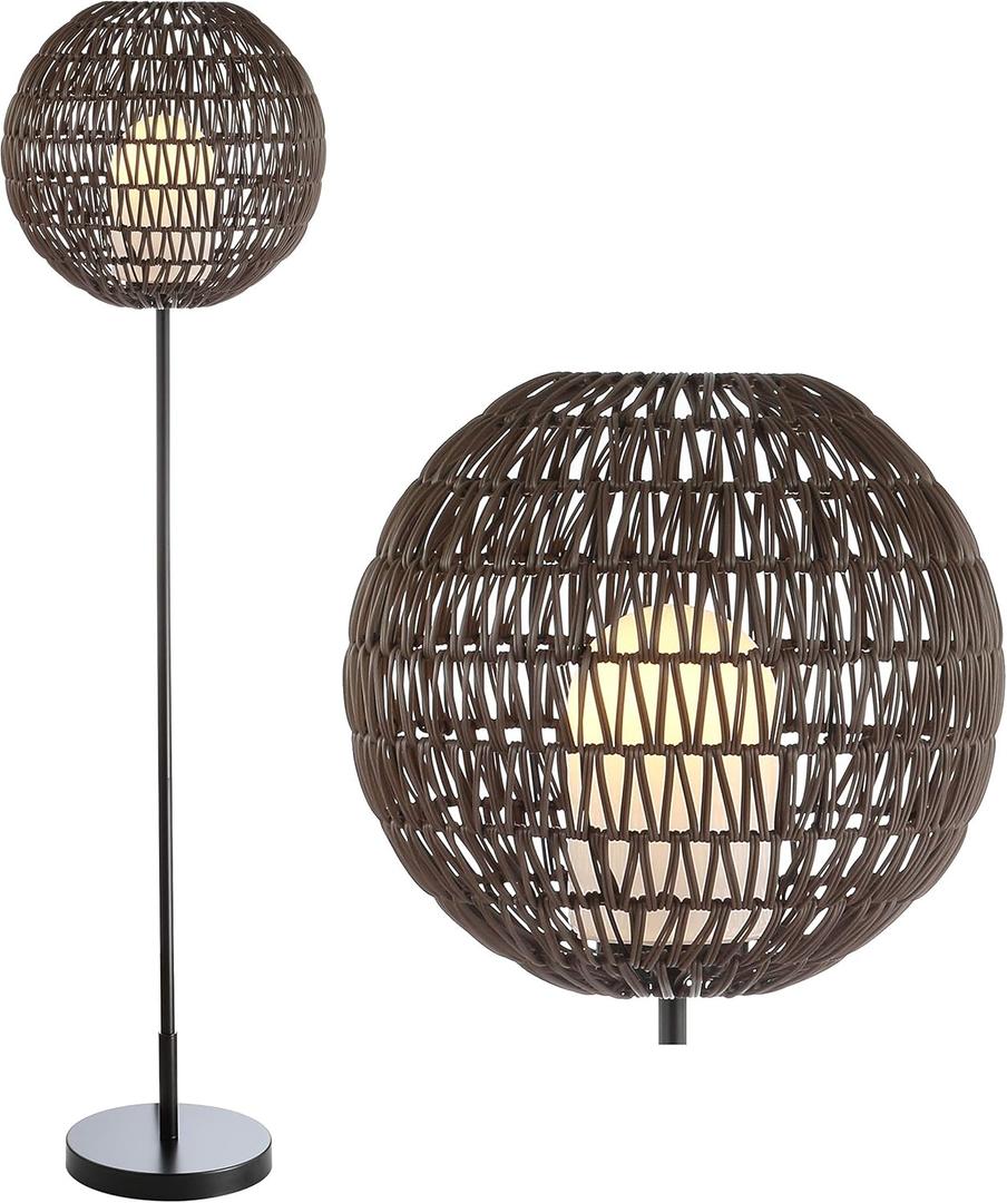 JONATHAN Y JYL6507A Bea 61" Outdoor Woven Globe LED Floor Lamp, Bohemian, Transitional, Scandinavian, Modern, Contemporary, Modern, Office, Bedroom, Living Room, Family Room, Dining Room, Coffee/Black