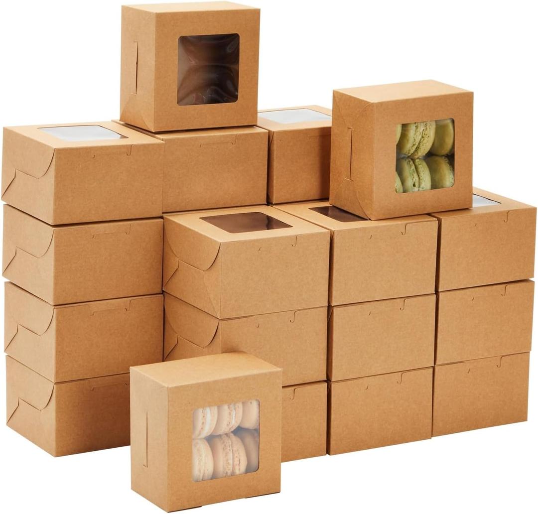 Juvale 50 Pack 4x4x2.5 Mini Dessert Boxes with Window for Bakery - Baked Goods Packaging Containers for Cupcakes, Cookies, Pastry (Kraft Paper)