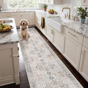 GENIMO Runner Rug 2x12, Non Slip Vintage Hallway Runner Rugs, Low Pile Lightweight Machine Washable Mat for Hallway, Entryway, Bedroom, Kitchen and Corridor,Light Taupe Brown