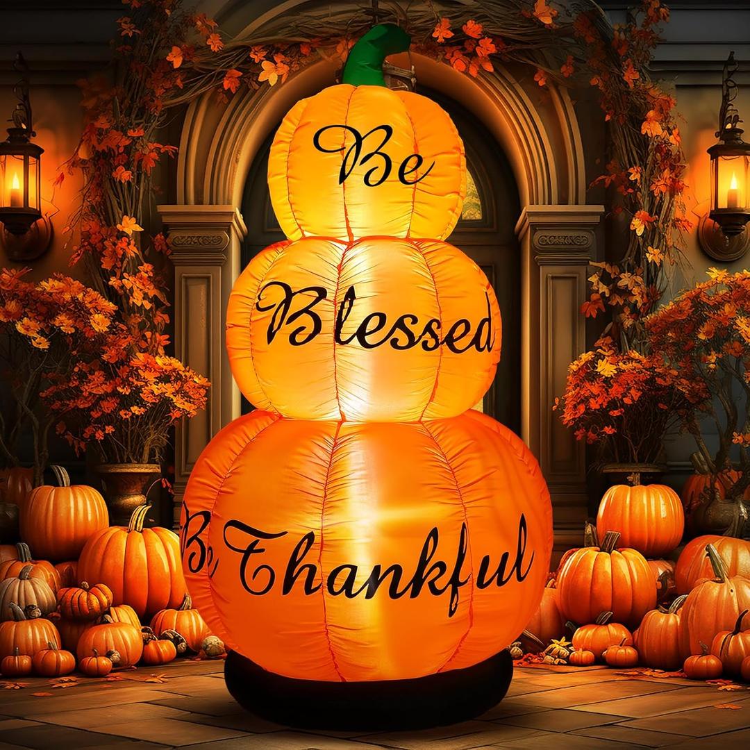 6ft Thanksgiving Pumpkin Inflatable Decoration with LED Fall Stacked Pumpkins Blow up Be Blessed Thanksgiving Inflatable Outdoor for Harvest Fall Garden Lawn Yard Decor