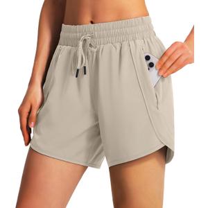 Ksmien Women's 5" Athletic Running Shorts Quick Dry Lightweight Workout Gym Shorts with Zipper Pockets UPF 50+, 5 Inch, XLarge, Khaki