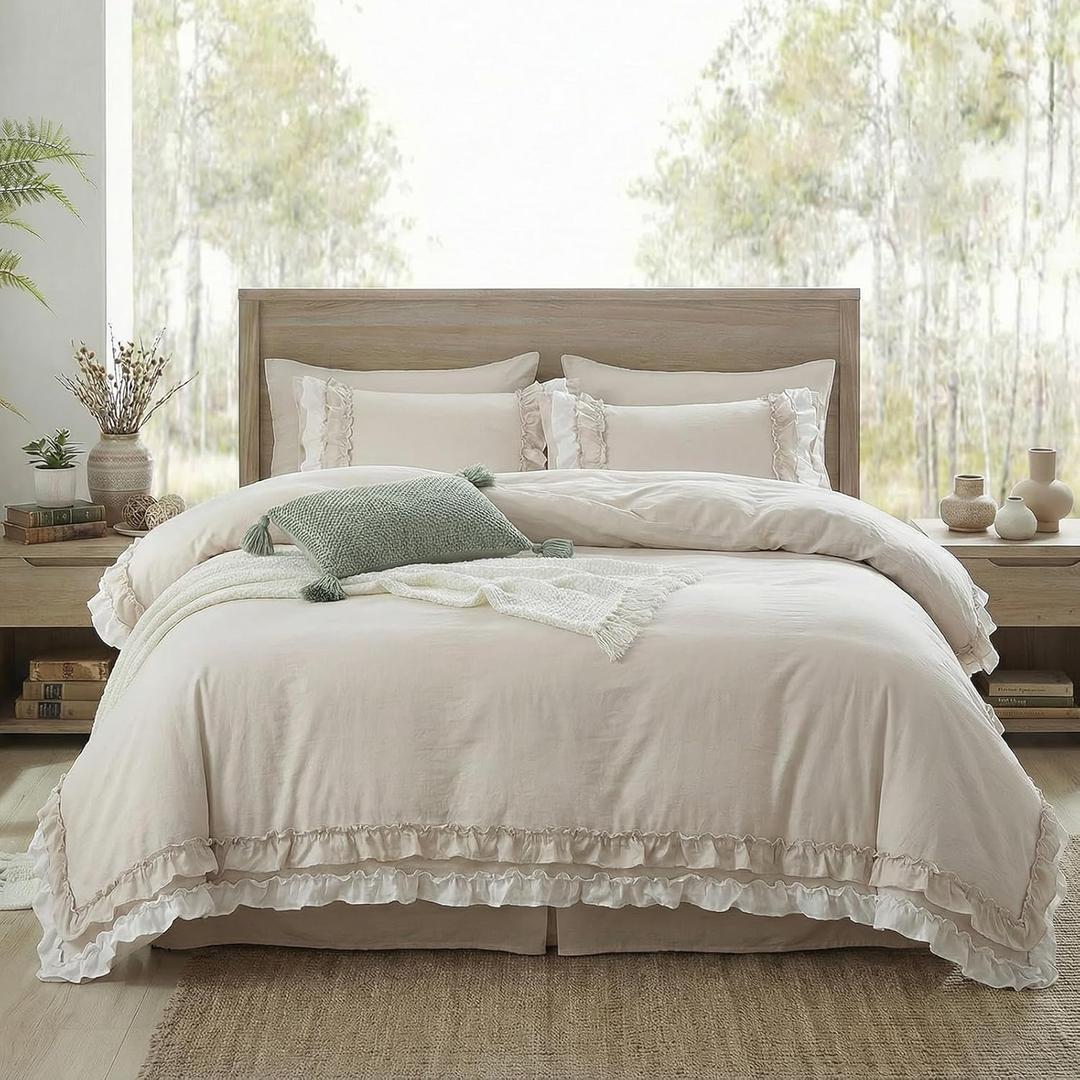 Bedorm Beige Duvet Cover Set Queen Ruffle Bedding Set Pleat Ruffled Shabby Chic Comforter Cover Extra Soft & Easy Care White Boho Duvet Cover with Zipper Closure (Cream)