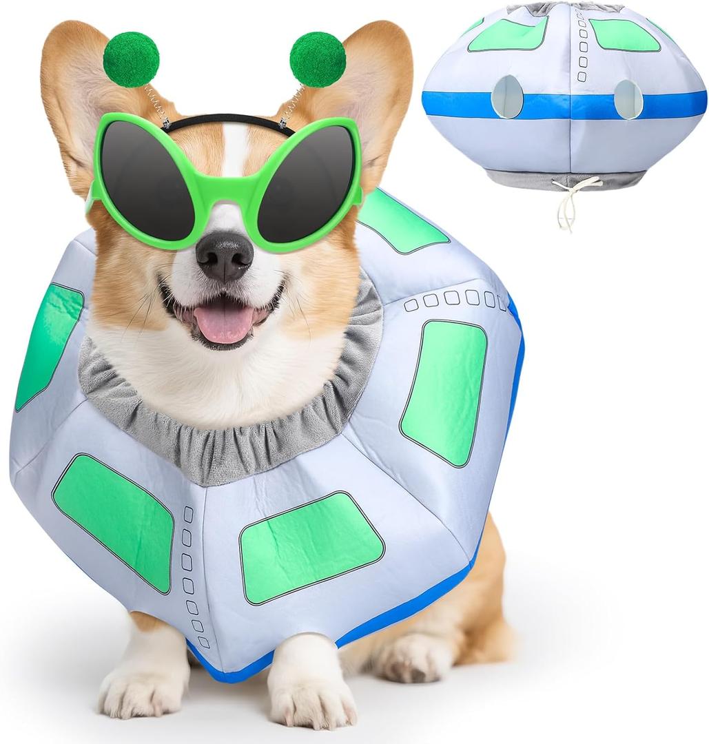 3 Pcs Halloween UFO Alien Dog Costume Set Fun Spaceship Costume Alien Headband and Green Glasses for Halloween Puppy Cosplay Party Outfits Supplies