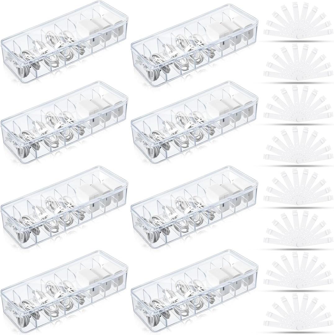 Tatuo 4 Pcs Cable Organizer Box with Wire Ties, Plastic Cord Storage Box with Lid, Electronics Organizer for Home Office Desk Organizers and Accessories (10.79'' X 3.78'' X 1.97'',Clear)