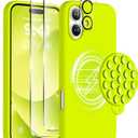 Magnetic for iPhone 16 Case, Compatible with Magsafe, Suction Cup Phone Mount, [2 Screen Protectors][Camera Lens Protector] Silicone Shockproof Protective Slim Phone Cover 6.1", Neon Yellow