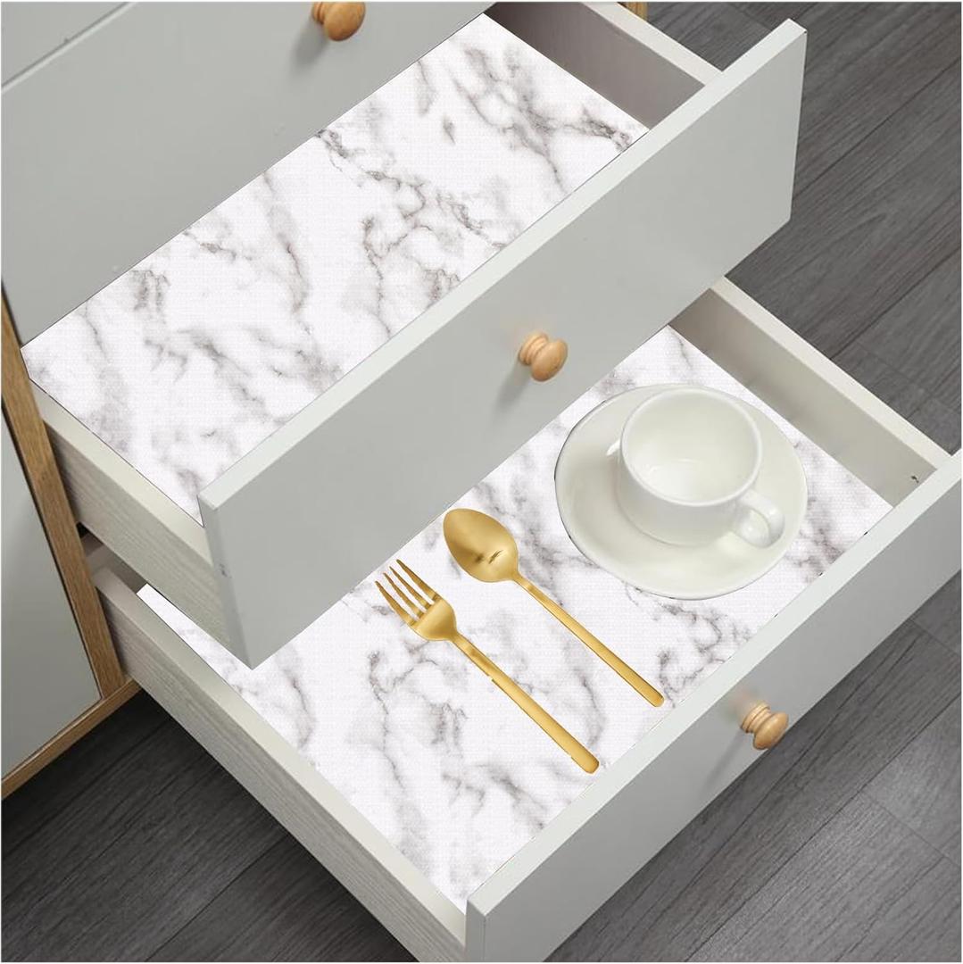 Drawer and Shelf Liner for Kitchen Cabinets: Non Adhesive, Non Slip, Thick Strong Grip Waterproof Washable for Kitchen Cabinets, Drawer, Fridge, Wire Shelving (White Marble, 24 in  10 FT)