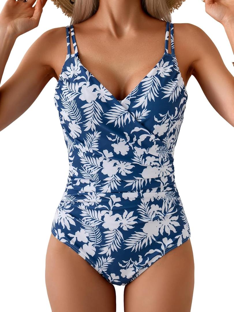 B2prity One Piece Swimsuit for Women Adjustable Double Strap V Neck Bathing Suit Tummy Control Slimming Swimwear (Large, Navy Blue Flower)