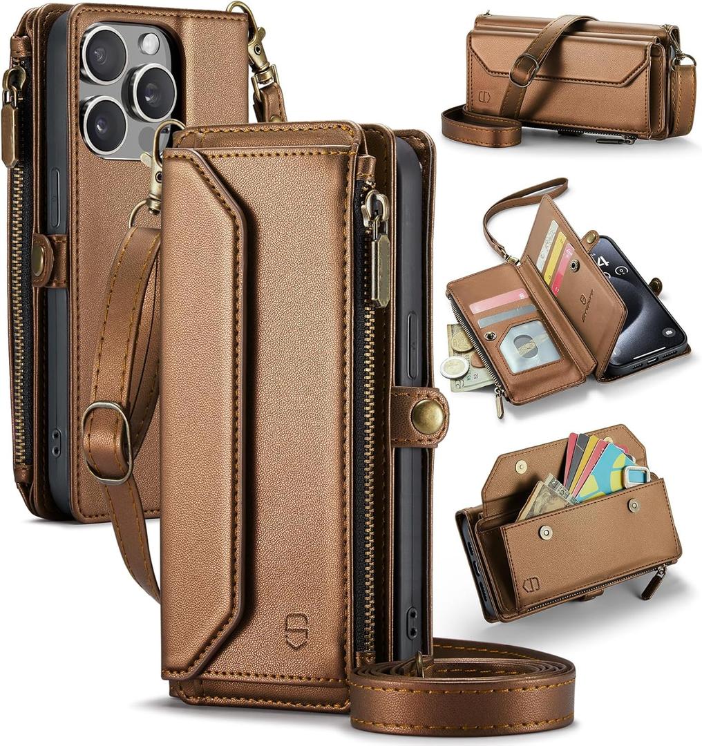 Wallet Case Compatible with iPhone 15 Pro RFID Blocking 7-Card Holder Soft PU Leather Magnetic Snap Shoulder Strap Zipper Pocket Phone Case Fit for iPhone 15 Pro Women 6.1" - Brown