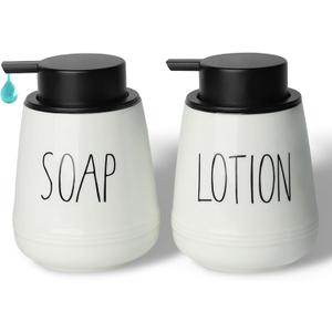 Ceramic Soap Dispenser Set, 13 oz Refillable Liquid Hand Wash Soap Dispenser, Lotion Hand Pump Dish Bottle for Bathroom and Kitchen, Set of 2 (Liquid-Soap & Lotion)