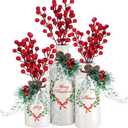 Eaasty Christmas Ceramic Vase Xmas Flower Vase Ornament for Table Centerpieces 3 Piece Flocked with Mixed and 12 Pcs Artificial Red Berry Stems Farmhouse Indoor Decoration for Holiday Dining Tabletop