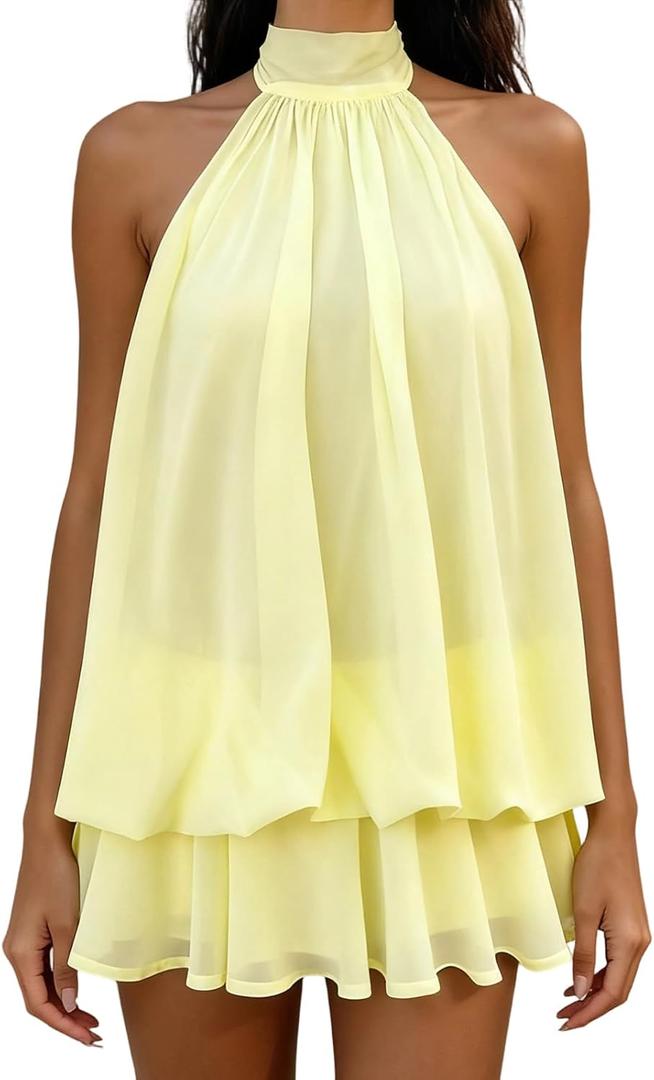 Womens Trendy Halter Mini Dress Chiffon Ruffle Low Back Flowy Going Out Dress for Summer Cocktail Birthday Party (Yellow, S)