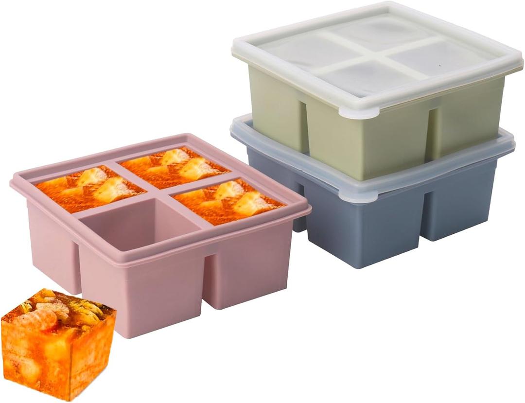 1/2 Cup Silicone Freezer Tray With Lid,Silicone Freezer Molds 3-Pack For meal prep & freezing of various sauces and other dishes, makes 12 perfect 1/2 cup portions cubes (Multicolor 3 Pack)