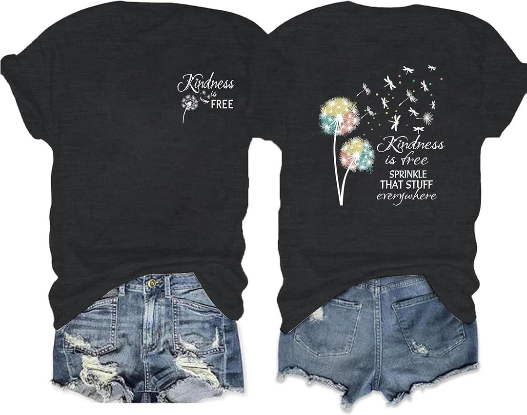 Be Kind Shirt for Women Teacher Kindness Positive Message Tshirt Dandelion Graphic Summer Tee Tops (Large, Darkgray)