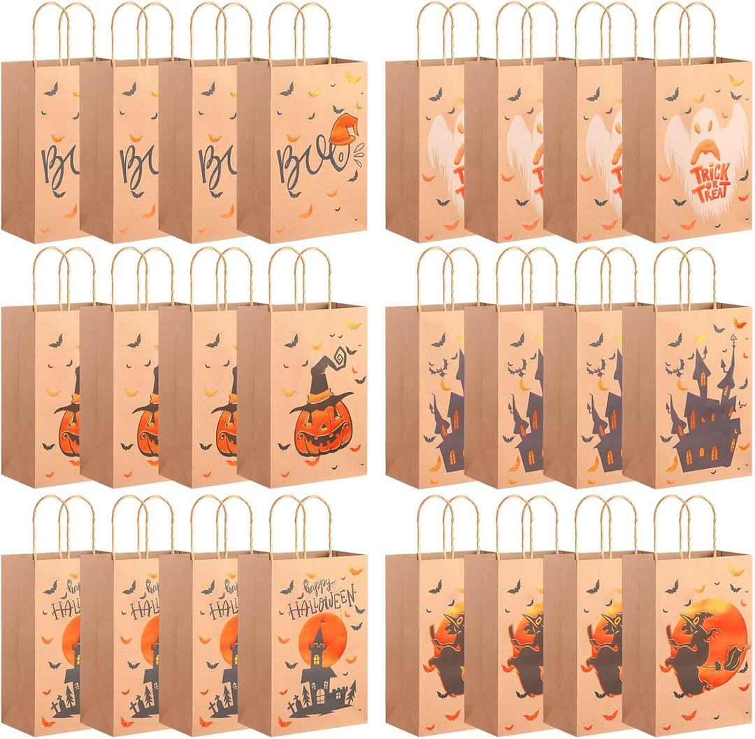 Yexiya 48 Pcs Halloween Treat Bags Bulk Paper Party Favors Goody Candy Snacks Cookie Wrap Gift Bags with Handles Pumpkin Witch Hat Castle Moon Bat Designs Happy Party Supplies