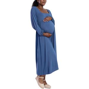 Motherhood Maternity Womens Long Sleeve Empire Waist Maxi Pregnancy Dress (Small, Vintage Indigo)