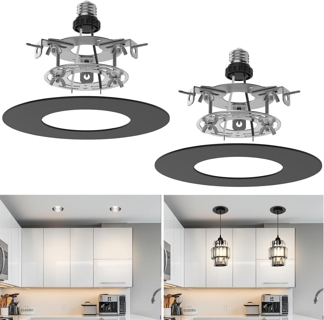 Recessed Can Light Conversion Kit for 5" and 6" Ceiling Fixtures - Pendant/Hanging Light Upgrade, Compatible with Ceiling Fans, Includes 7" Flat Steel Medallion,Black Finish,2 Pack