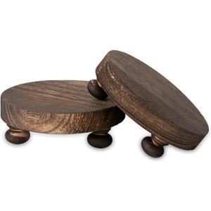 Romadedi Farmhouse Wood Riser for Display- 2 pcs Rustic Decor Mini Wooden Pedestal Decorative Round Tray for Home Table Bathroom Counter Shelf Kitchen, Brown