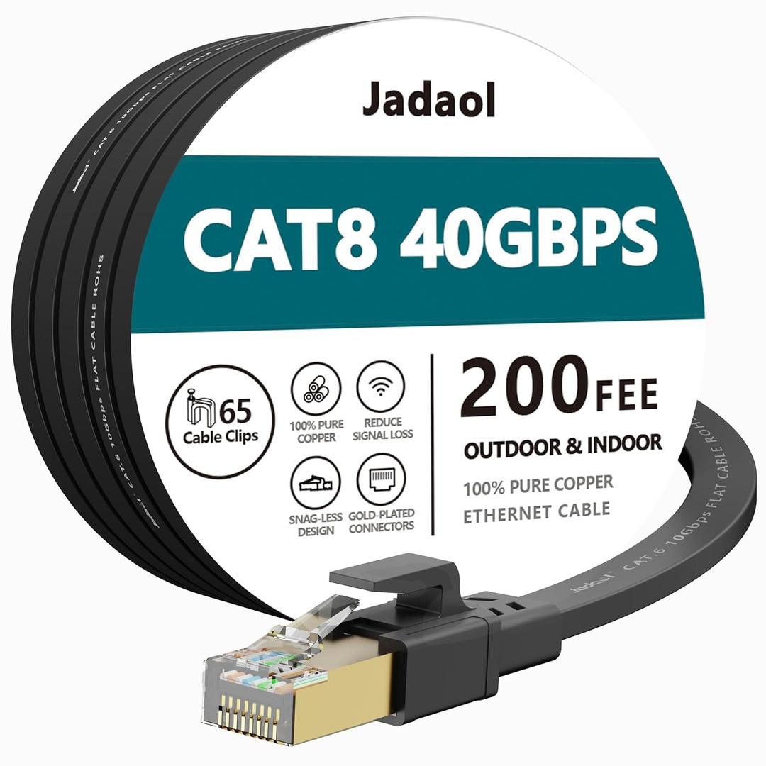 Jadaol Cat 8 Ethernet Cable 200ft (60.96m), 40Gbps 2000MHz Flat S/FTP LAN Patch Cable, High-Speed Cat8 Network Cable for Router, Modem, Switch, Gaming Consoles, PC, Smart TV & Streaming Devices, Black
