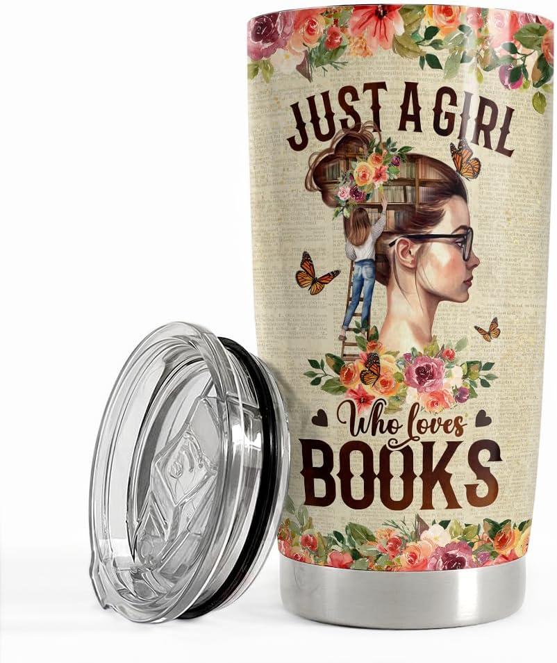 SANDJEST Book Tumbler Cup 20oz Just A Girl Who Loves Books Tumblers Coffee Travel Mug Book Lovers Gifts for Women Reading Lover Reader Bookworm Gifts for Birthday Christmas