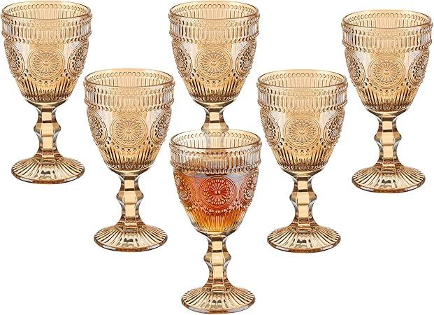 Vintage Glasses Set of 6, 10 Ounces Colored Glass Water Goblets, Unique Flower Embossed Pattern High Clear Stemmed Glassware Wedding Party Bar Glass Drinking Cups Flower Amber Fancy Glasses Vintage Glasses Set of 6, 10 Ounces Colored Glass Water Goblets, Unique Flower Embossed Pattern High Clear Stemmed Glassware Wedding Party Bar Glass Drinking Cups Flower Amber Fancy Glasses