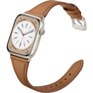 Slim Leather Bands Compatible with Apple Watch Band 42mm 41mm 40mm 38mm, Genuine Leather Replacement Strap for iWatch Series 11/10/9/8/7/6/5/4/3/2/1 SE 3/2/1 Women, Brown/Starlight