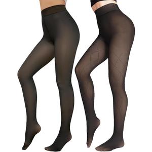 X-CHENG Fleece Lined Tights Sheer Women - Fake Translucent Warm Pantyhose Leggings Sheer Thick Tights for Winter (Black+black Stripe)