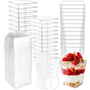 50 Count 5OZ Dessert Cups with Lids and Spoons Square Plastic Dessert Cups Clear Parfait Appetizer Mini Bowls for Tasting Party Desserts Mousse Ice Cream