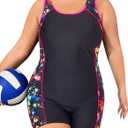 Daci Plus Size One Piece Swimsuit Women Athletic Boyleg Bathing Suit Full Coverage Swimwear (Black Color Block, 18W)