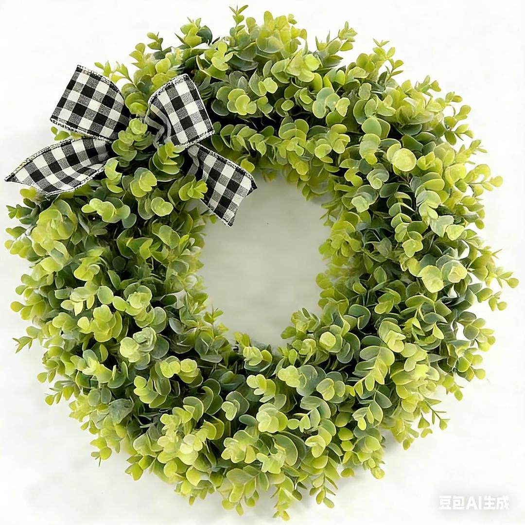 20 Inch Boxwood Wreath for Front Door with Welcome Sign & Sash, Farmhouse Outdoor Wreath, Artificial Spring Summer Greenery Wreath for Indoor Wall Hanging Window Wedding Home Decor