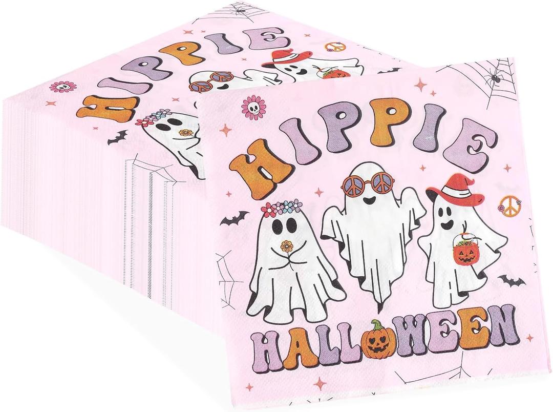 Grencian 100Pcs Pink Halloween Paper Napkins 2 Ply Pink Hippie Disposable Hand Towels Hippie Ghost Guest Napkins for Halloween Birthday Baby Shower Party Decorations