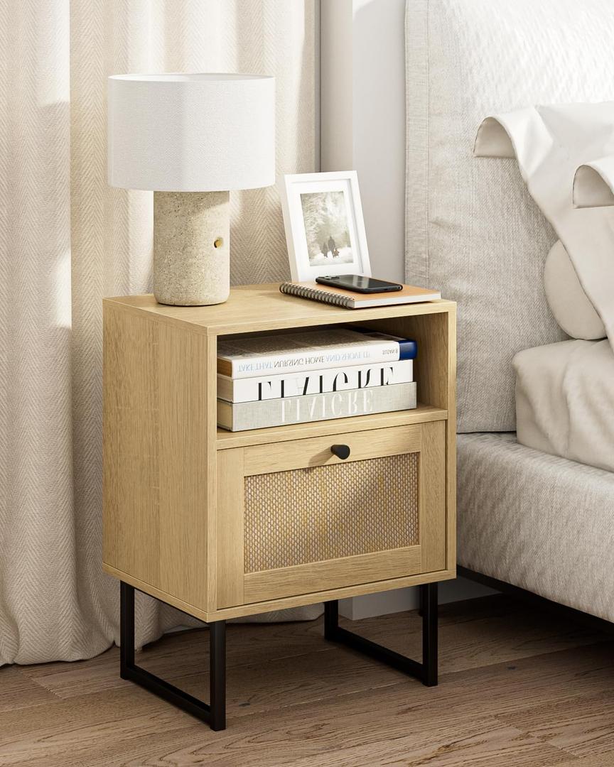 Masupu Rattan Nightstand, Modern Boho Farmhouse Wood Bedside Table with Storage Drawer and Open Shelf, Small Black Frame Side End Table for Bedroom, Living Room, Office (Natural)