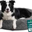 Furhaven 36" Round Calming Donut Dog Bed for Large/Medium Dogs, Refillable w/ Removable Washable Cover, For Dogs Up to 75 lbs - Shaggy Plush Long Faux Fur Donut Bed - Gray, Large