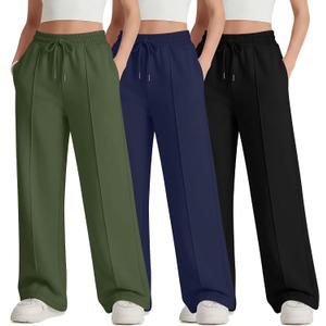 LessonZoo 3 Pack Girls Wide Leg Sweatpants Drawstring Baggy Pants Teen Girls Athletic Joggers Pants with Pockets 5-14Y(Army Green, Navy Blue, Black,9-10 Years)