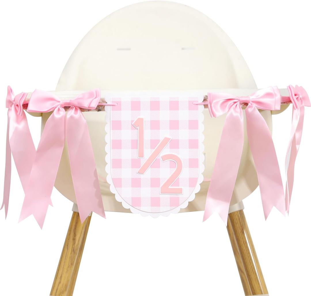 Pink Ribbon Bow 1/2 Birthday Banner - Sweet 6 Months Birthday Party Decorations,Pink White Gingham Bow Bohemian Garland,Half Way to One Cake Smash,Scalloped Banner Photo Props
