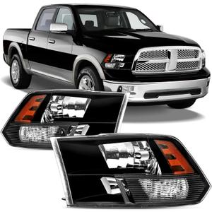 Headlights Assembly For 2009-2018 Dodge Ram 1500 2500 3500, Fit For 09-18 Ram Quad or Dual Style Halogen Headlamp, Black Housing Amber Corner Head Lights Set Replacement Pair
