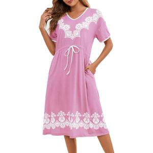 Women's Printed Nightgown, V-Neck Short Sleeve Midi Sleep Dress with Pockets, Loose Fit Comfortable Loungewear XL