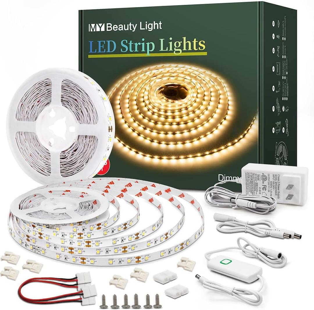 Led Strip Lights 50.5ft Warm White Dimmable Led Light Strip Flexible Rope Lights Kits with 24v Etl Power Supply, Adhesive Clips, Dimmer Switch and Connectors for Indoor Decor