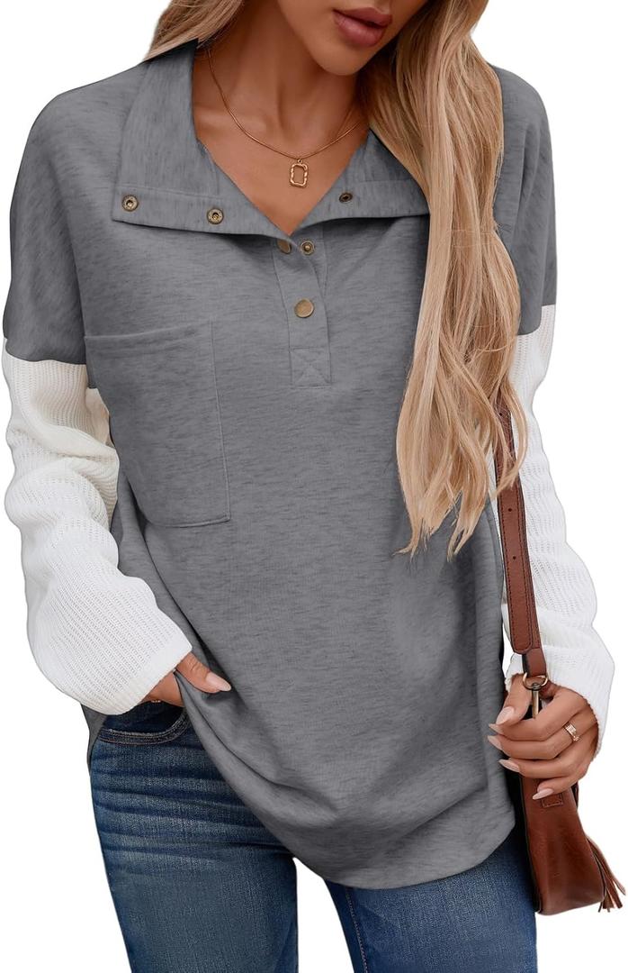 SHEWIN Fall Womens Oversized Sweatshirt Button Up Comfy Pullover Sweatshirt (Gray, XXL)