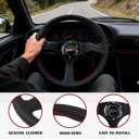 Universal 14 Inch Black Sports Racing Car 6 Bolts Genuine Leather Steering Wheel, Aluminum 3-spoke Steering Wheel with Horn Button