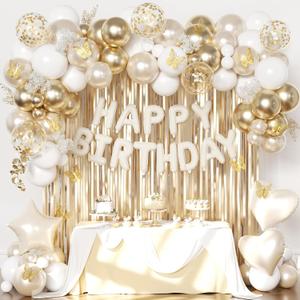 White and Gold Birthday Decorations for Women Girls, Pearl White Gold Foil Confetti Balloons Happy birthday Banner Gold Butterfly Fringe Curtains for Birthday Party Baptism Communion Decorations