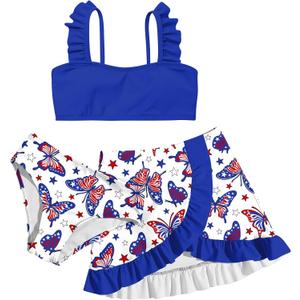 ALISISTER Girls Bathing Suits 3 Piece Swimsuit Summer Bikini Tankini Sets with Cover Up Skirt for Girls (Flag Butterflies) 10 T